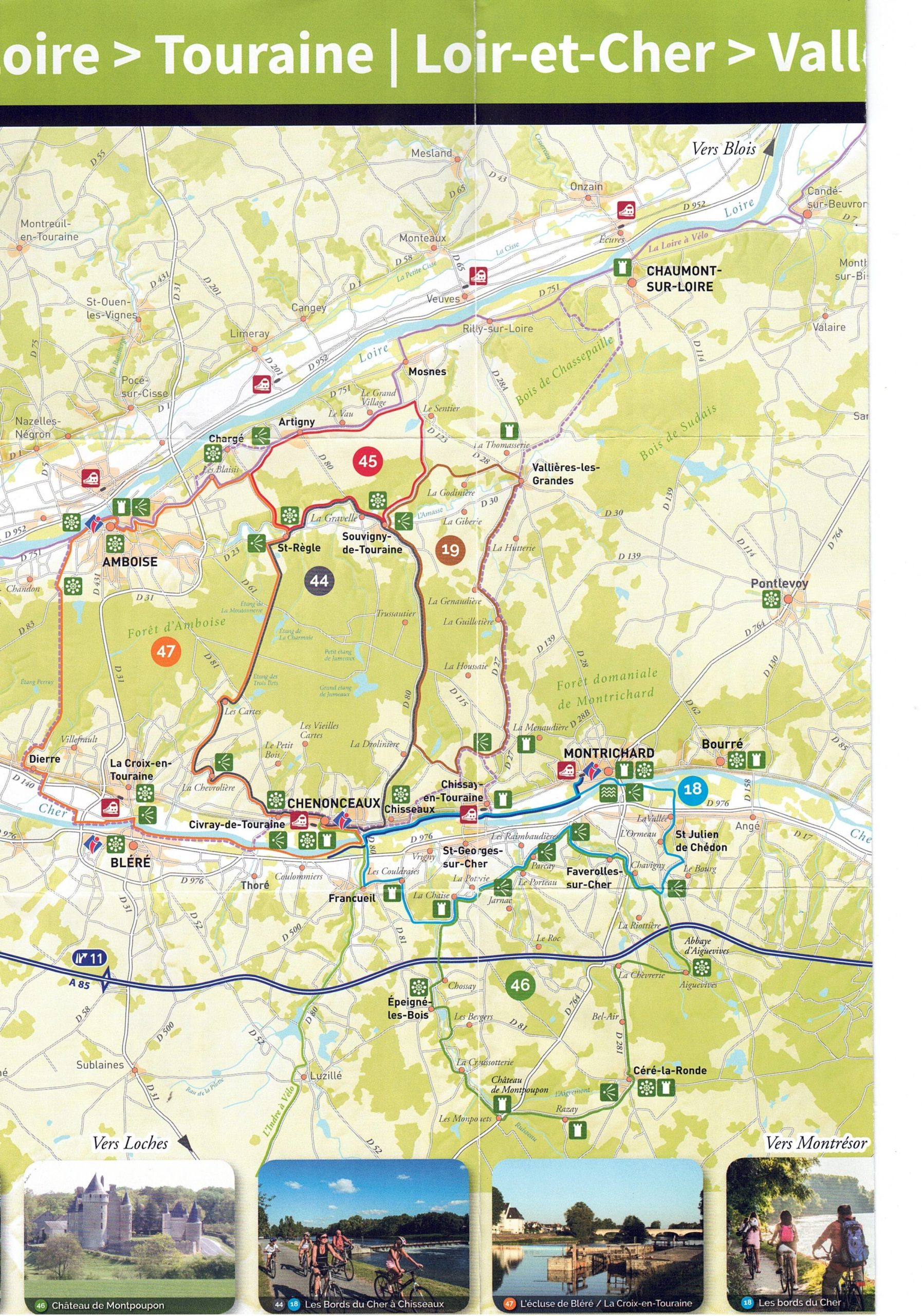 Carte des itinéraires vélos proposés autour d’Amboise